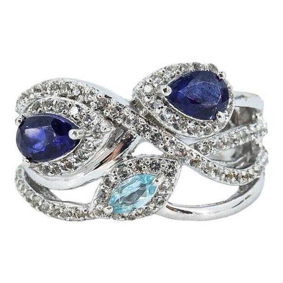Sterling Silver Ring STS 925 Chuck Clemency Blue Crystals Size 8 Cocktail Bridal - Picture 6 of 7